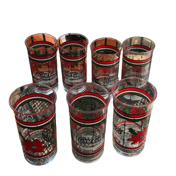 Lot of 7 Coca-Cola & Whataburger Christmas Stained Glass Beverage Glasses - Picture 7 of 8